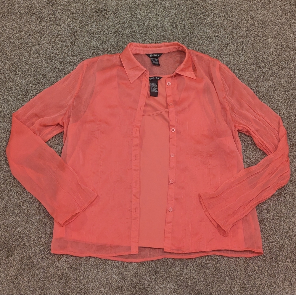 Beliza women's coral pink sheer button down long sleeve blouse shirt & tank set